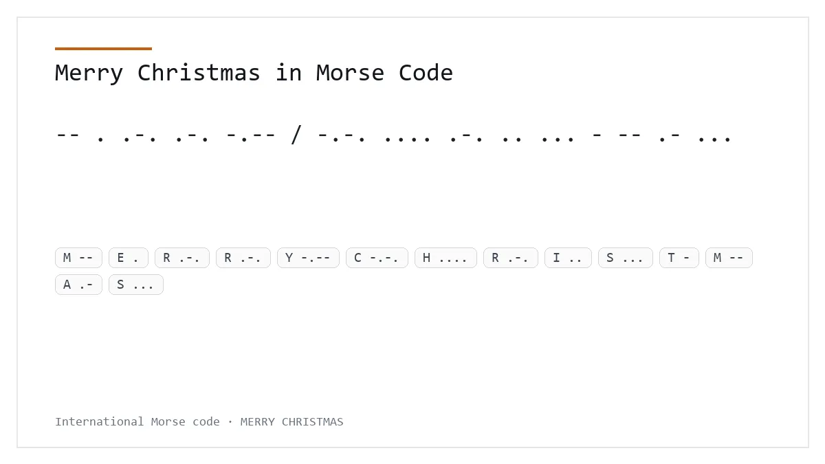 Joyeux Noël en code Morse — -- . .-. .-. -.-- / -.-. .... .-. .. ... - -- .- ...