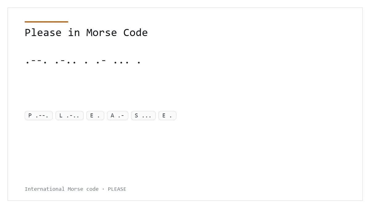 Please in Morse Code — .--. .-.. . .- ... . International Morse phrase card