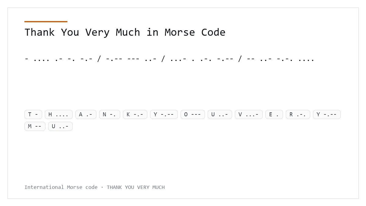 Merci beaucoup en code Morse — - .... .- -. -.- / -.-- --- ..- / ...- . .-. -.-- / -- ..- -.-. ....
